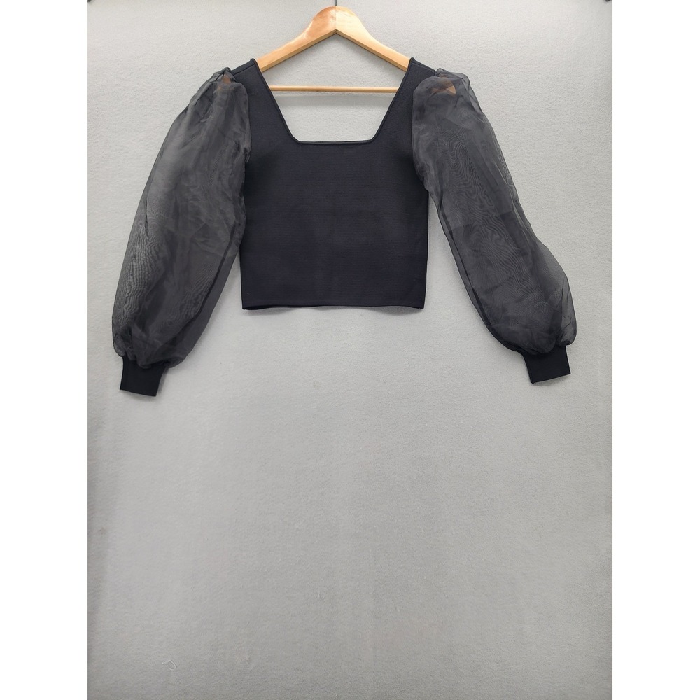 House of Harlow 1960 Black Knit Square Neck Sheer‎ Puff Sleeve Crop Top Small S